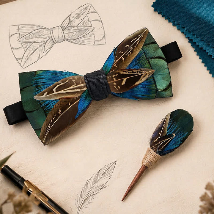 Forest Green & Pheasant Brown Woodland Noble Feather Bow Tie with Lapel Pin - image 0