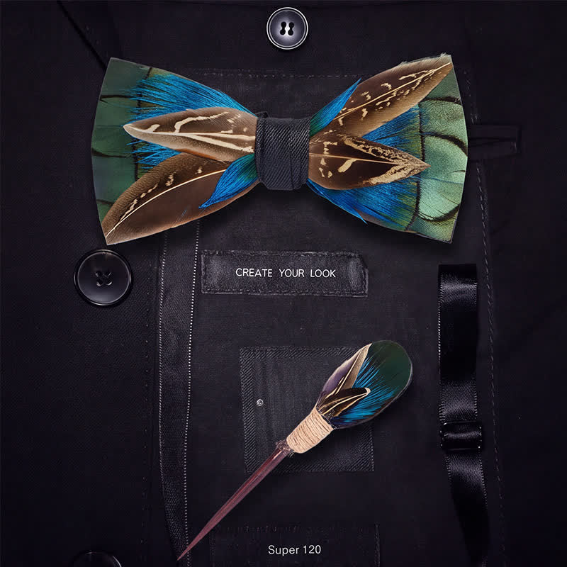 Forest Green & Pheasant Brown Woodland Noble Feather Bow Tie with Lapel Pin - image 5