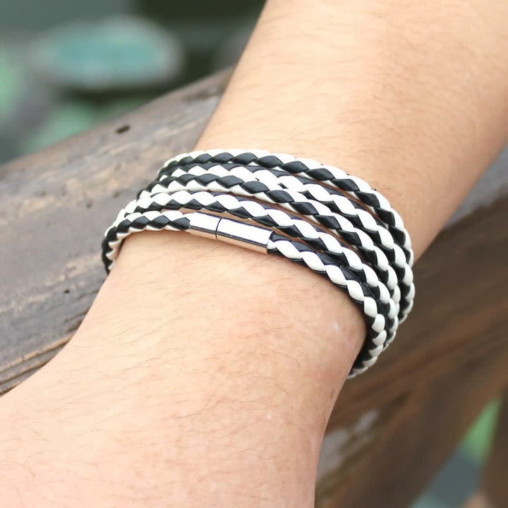 Multi-Layer Magnetic Buckle Braided PU Leather Wrap Bracelet - Black & White - image 8