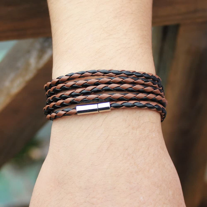 Multi-Layer Magnetic Buckle Braided PU Leather Wrap Bracelet - Black & Coffee - image 6