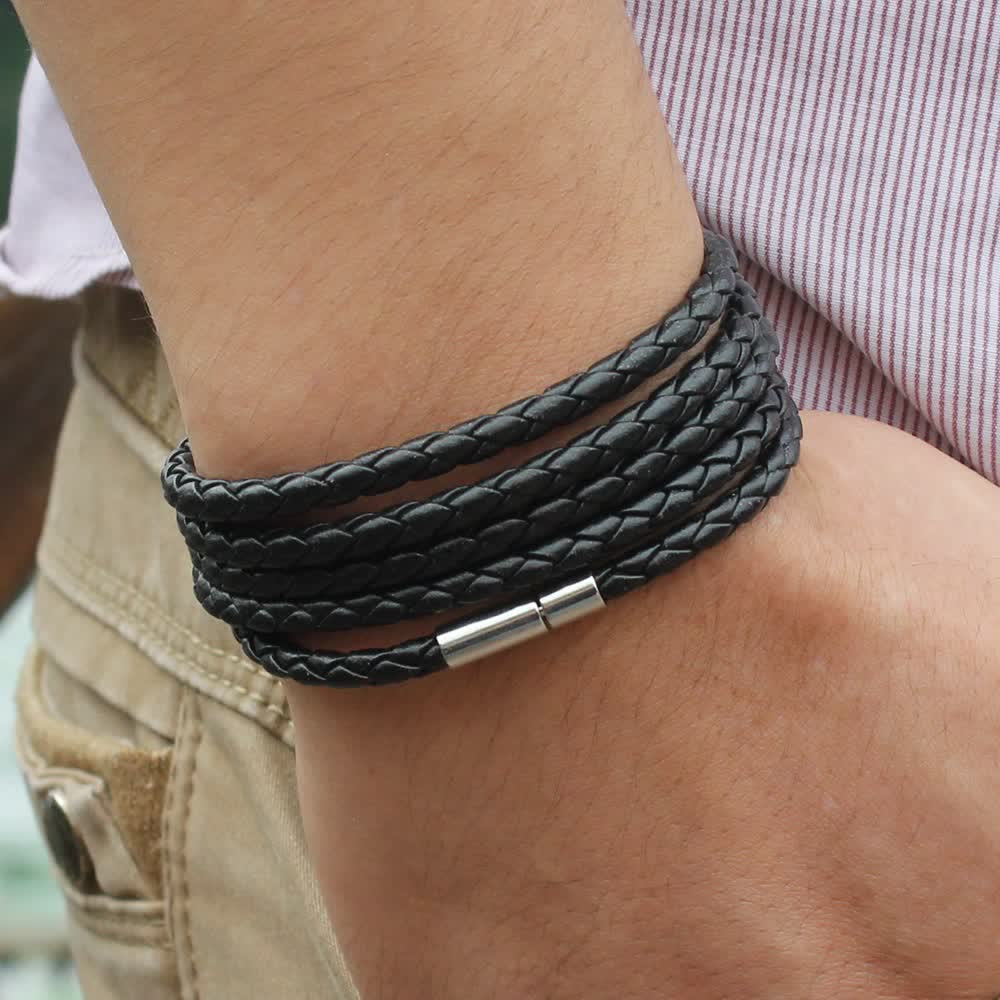 Multi-Layer Magnetic Buckle Braided PU Leather Wrap Bracelet - Black - image 0