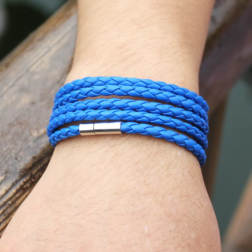 Multi-Layer Magnetic Buckle Braided PU Leather Wrap Bracelet - Blue - image 18
