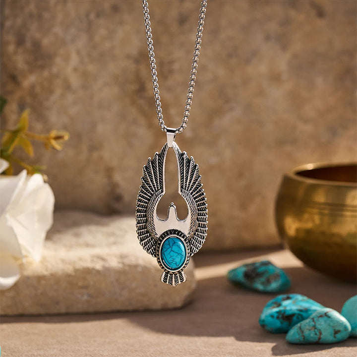 Punk Vintage Silver Feather Skull Turquoise Necklace - 27.56" / 70cm - image 0