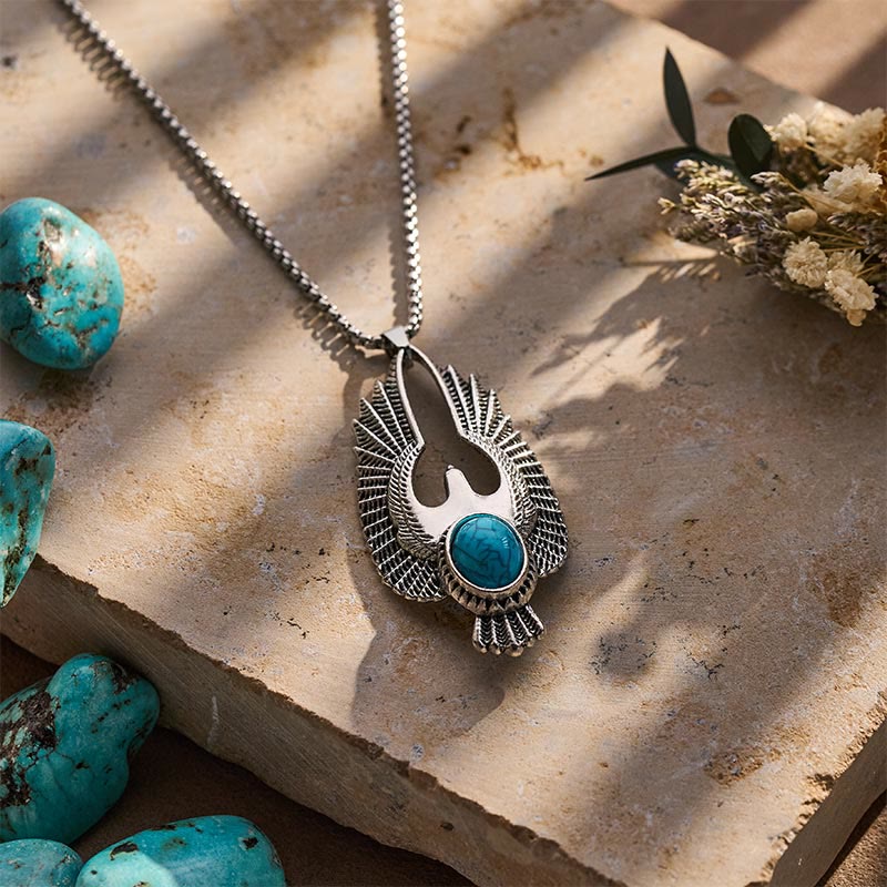 Punk Vintage Silver Feather Skull Turquoise Necklace - image 3