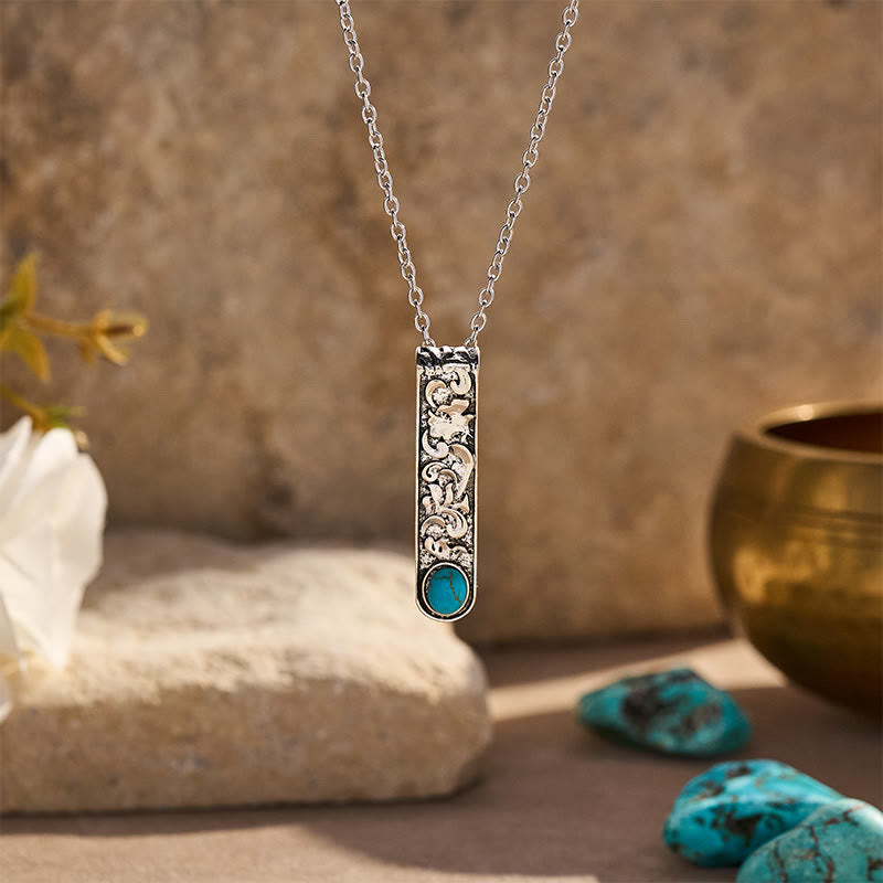 Vintage Engraved Turquoise Bar Necklace - Blue - image 0