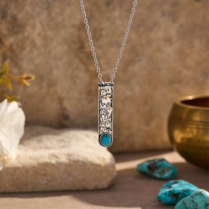 Vintage Engraved Turquoise Bar Necklace - Blue - image 0