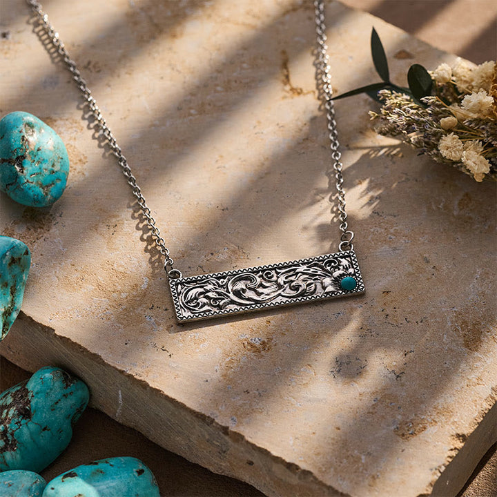 Bohemian Vintage Engraved Rectangular Turquoise Necklace - image 4