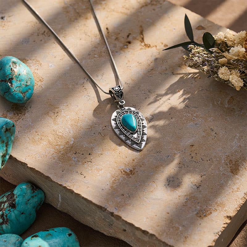 Vintage Engraved Teardrop Turquoise Pendant Necklace - image 4