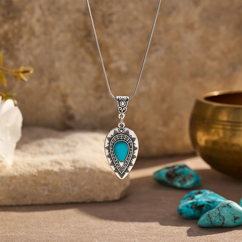Vintage Engraved Teardrop Turquoise Pendant Necklace - Silver - image 0