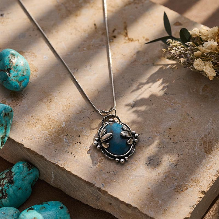 Vintage Floral Oval Blue Stone Pendant Necklace - image 4