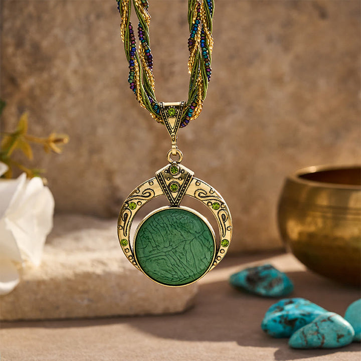 Bohemian Vintage Handmade Beaded Round Stone Necklace - Green - image 0