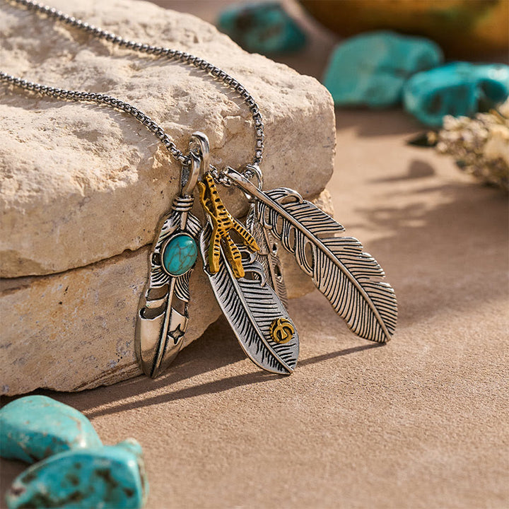 Men's Vintage Western Four-Feather Charm Necklace - image 3