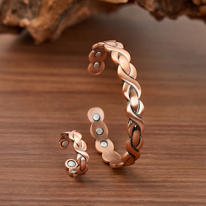 Braided Twist Pure Copper Magnetic Bracelet And Ring Set - Bracelet + Ring - image 0