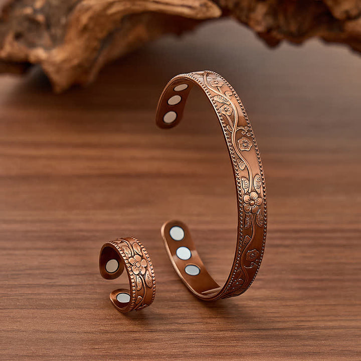 Vintage Floral Embossed Magnetic Bracelet And Ring Set - Red Bronze - image 0