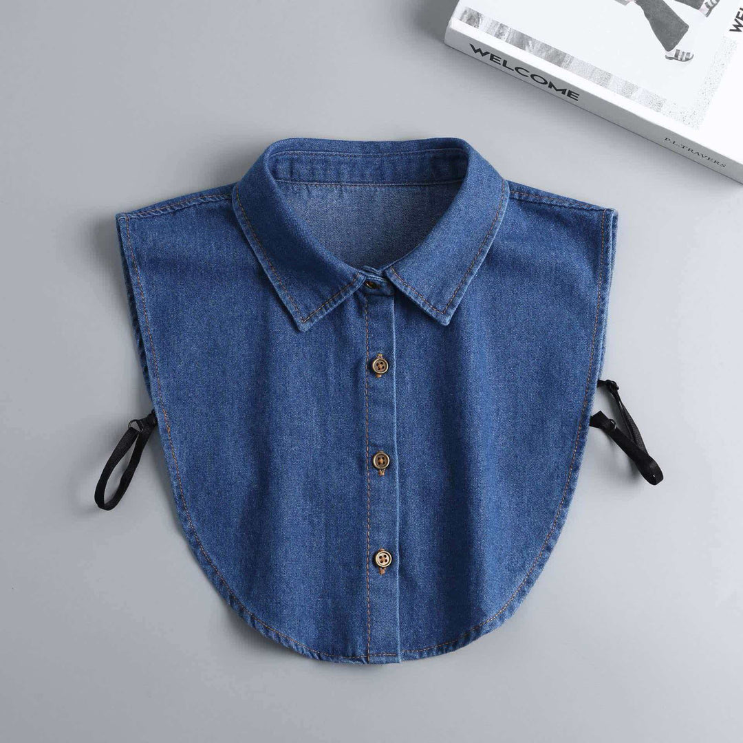 Wash Denim Detachable Layering Half Shirt Fake Collar - Dark Blue Denim - One Size - image 2