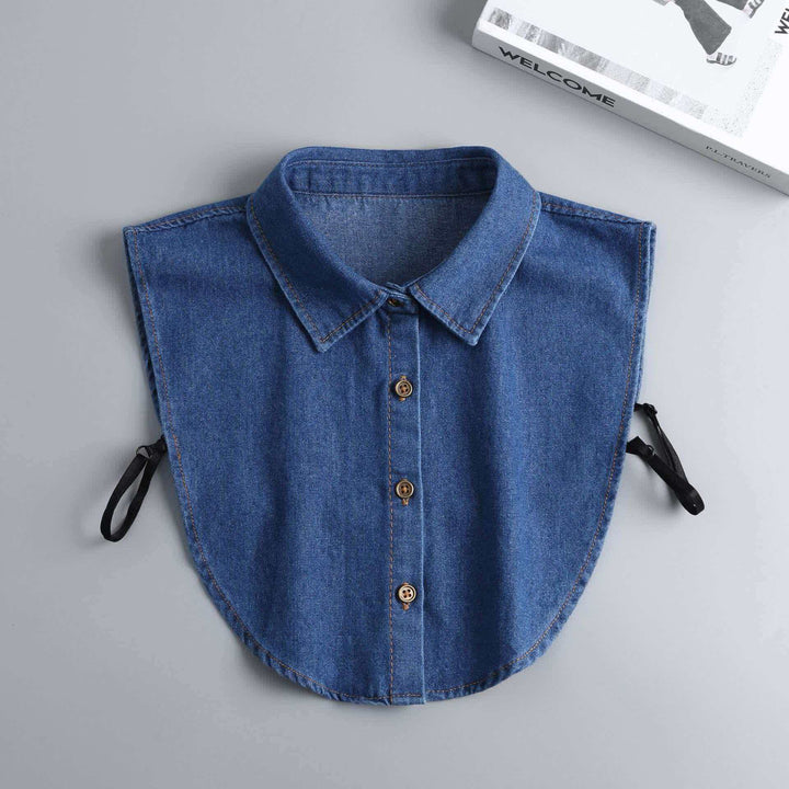 Wash Denim Detachable Layering Half Shirt Fake Collar - Dark Blue Denim - One Size - image 2