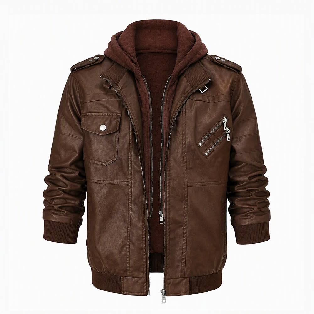Rugged Hooded Pu Leather Biker Coat For Men - Brown - 3XL - image 2