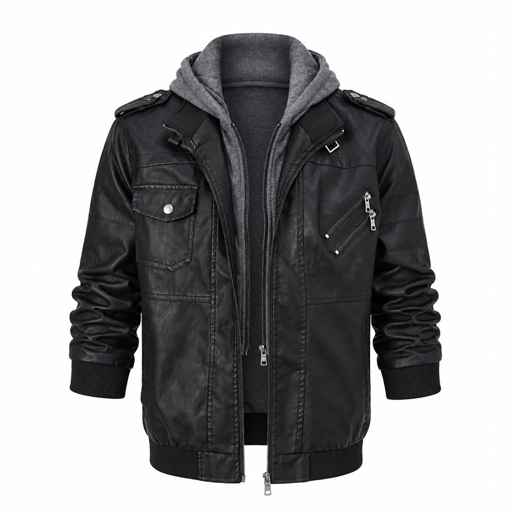 Rugged Hooded Pu Leather Biker Coat For Men - Black - 3XL - image 1