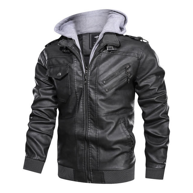 Rugged Hooded Pu Leather Biker Coat For Men - Grey - 3XL - image 3