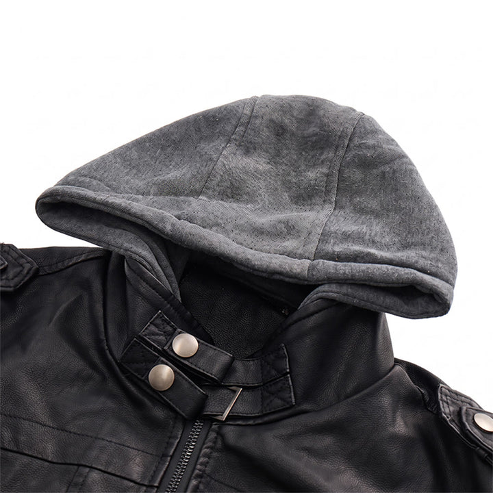 Rugged Hooded Pu Leather Biker Coat For Men - image 5
