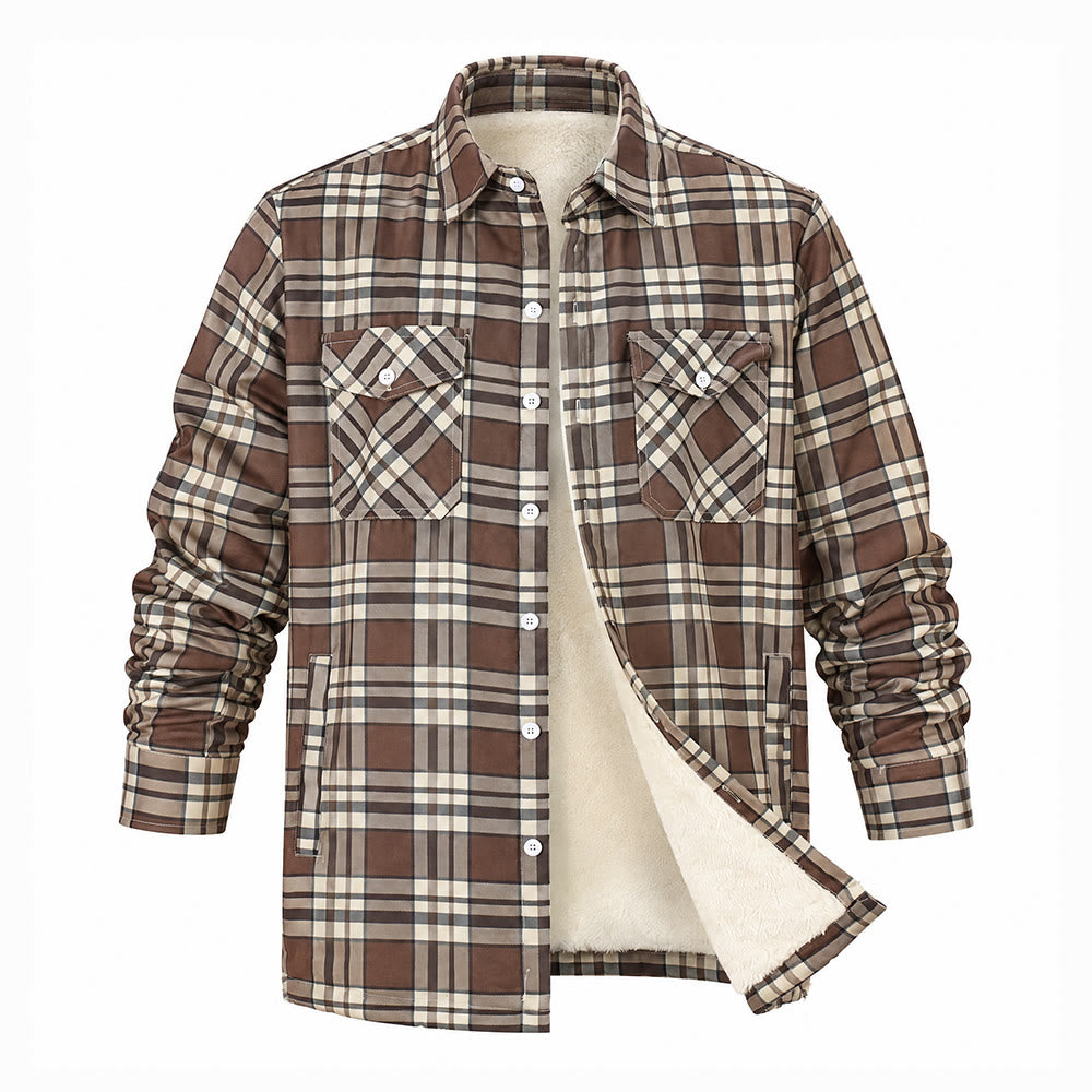 Men's Plaid Fleece-lined Shirt Jacket - Khaki - 5XL - image 1