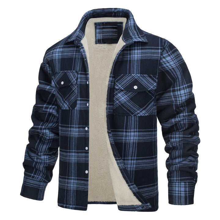 Men's Plaid Fleece-lined Shirt Jacket - Dark Blue - 5XL - image 3