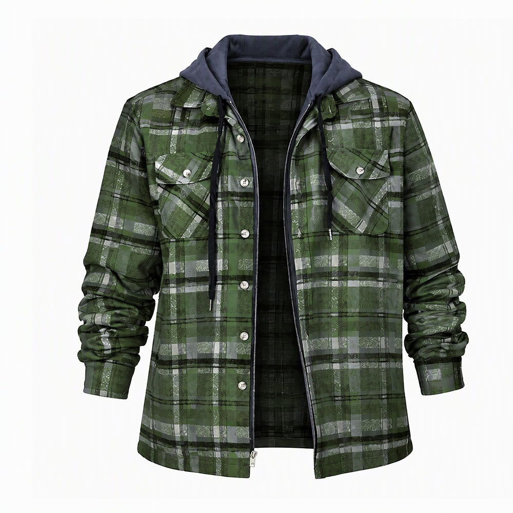 Men's Hooded Plaid Quilted Shirt Jacket - Dark Green - 4XL - image 2