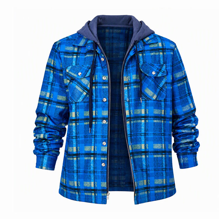 Men's Hooded Plaid Quilted Shirt Jacket - Blue - 4XL - image 1