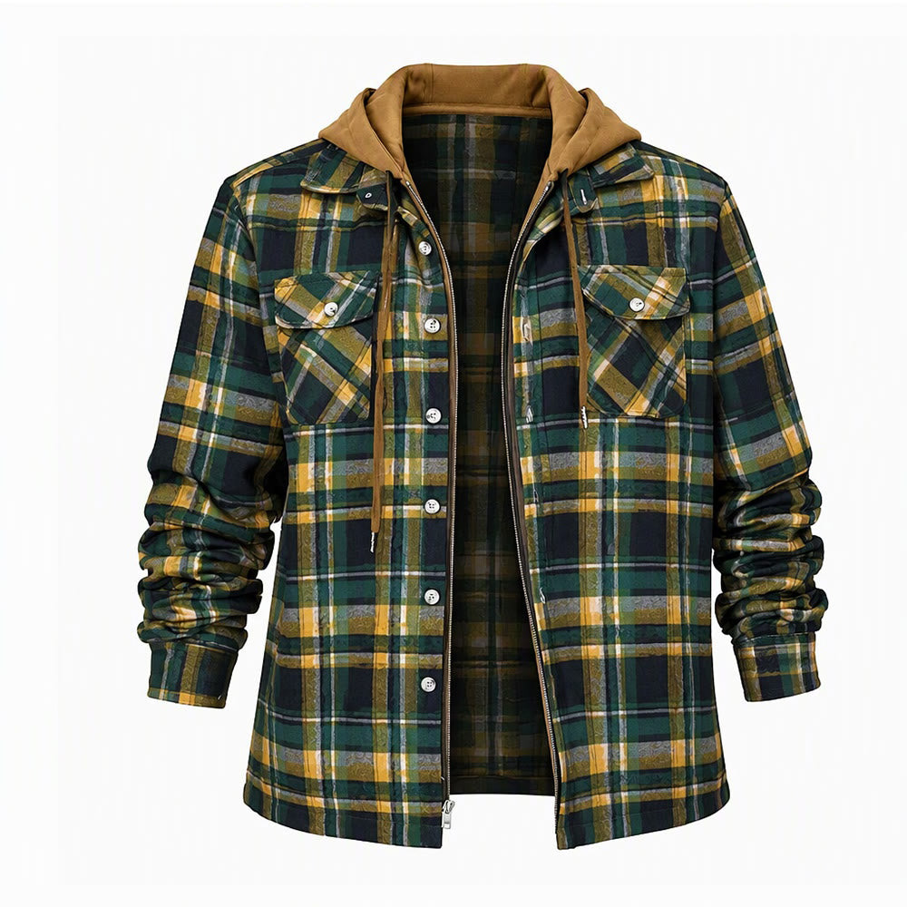 Men's Hooded Plaid Quilted Shirt Jacket - Green - 4XL - image 7