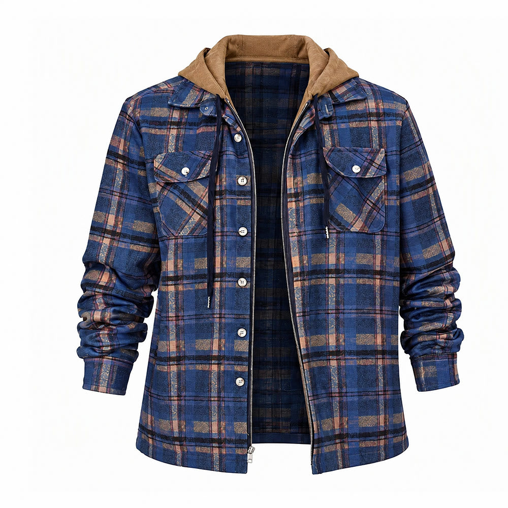 Men's Hooded Plaid Quilted Shirt Jacket - Navy Blue - 4XL - image 11