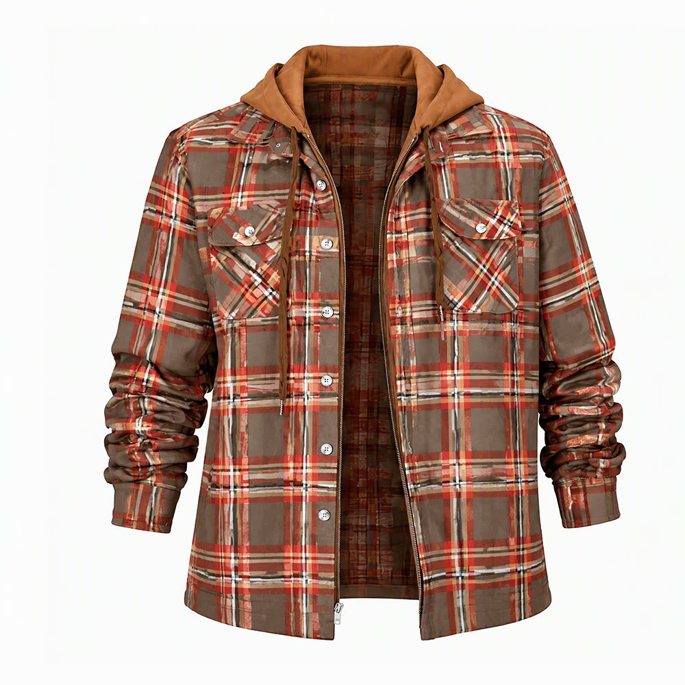 Men's Hooded Plaid Quilted Shirt Jacket - Coffee - 4XL - image 15