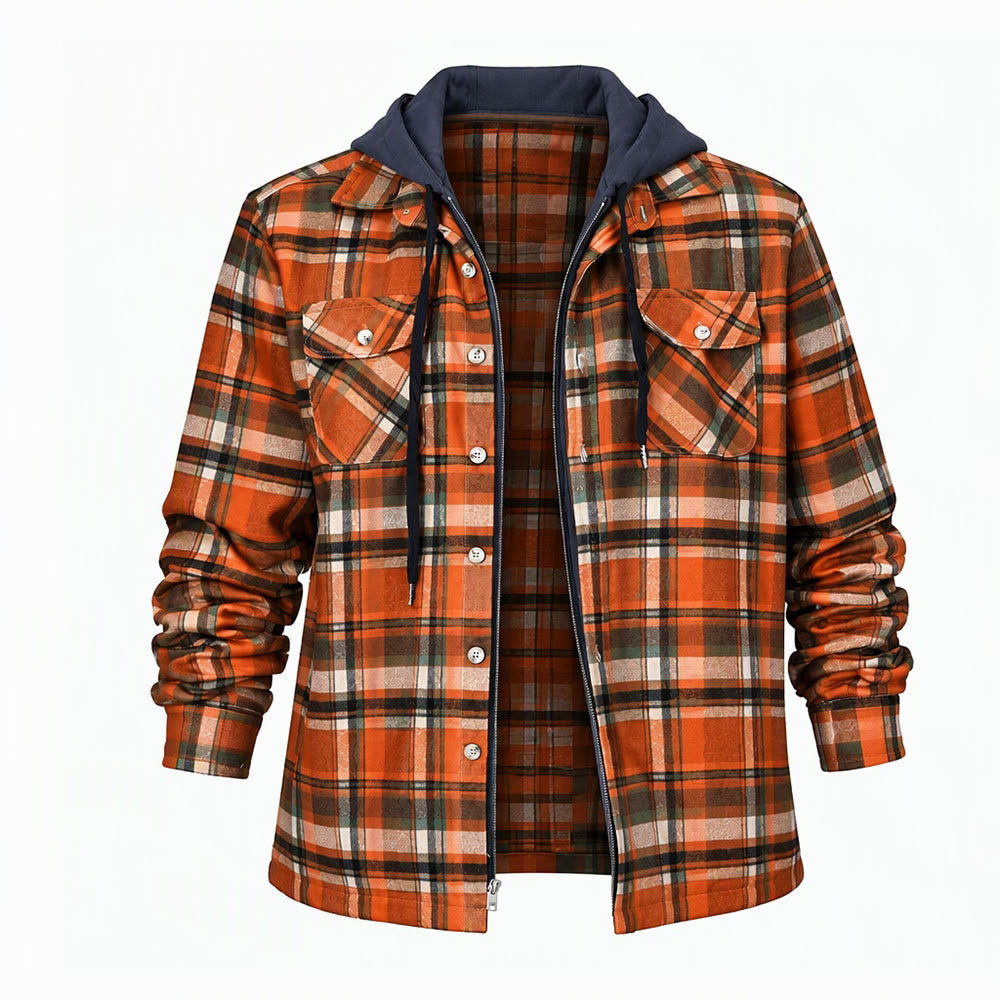 Men's Hooded Plaid Quilted Shirt Jacket - Orange - 4XL - image 9