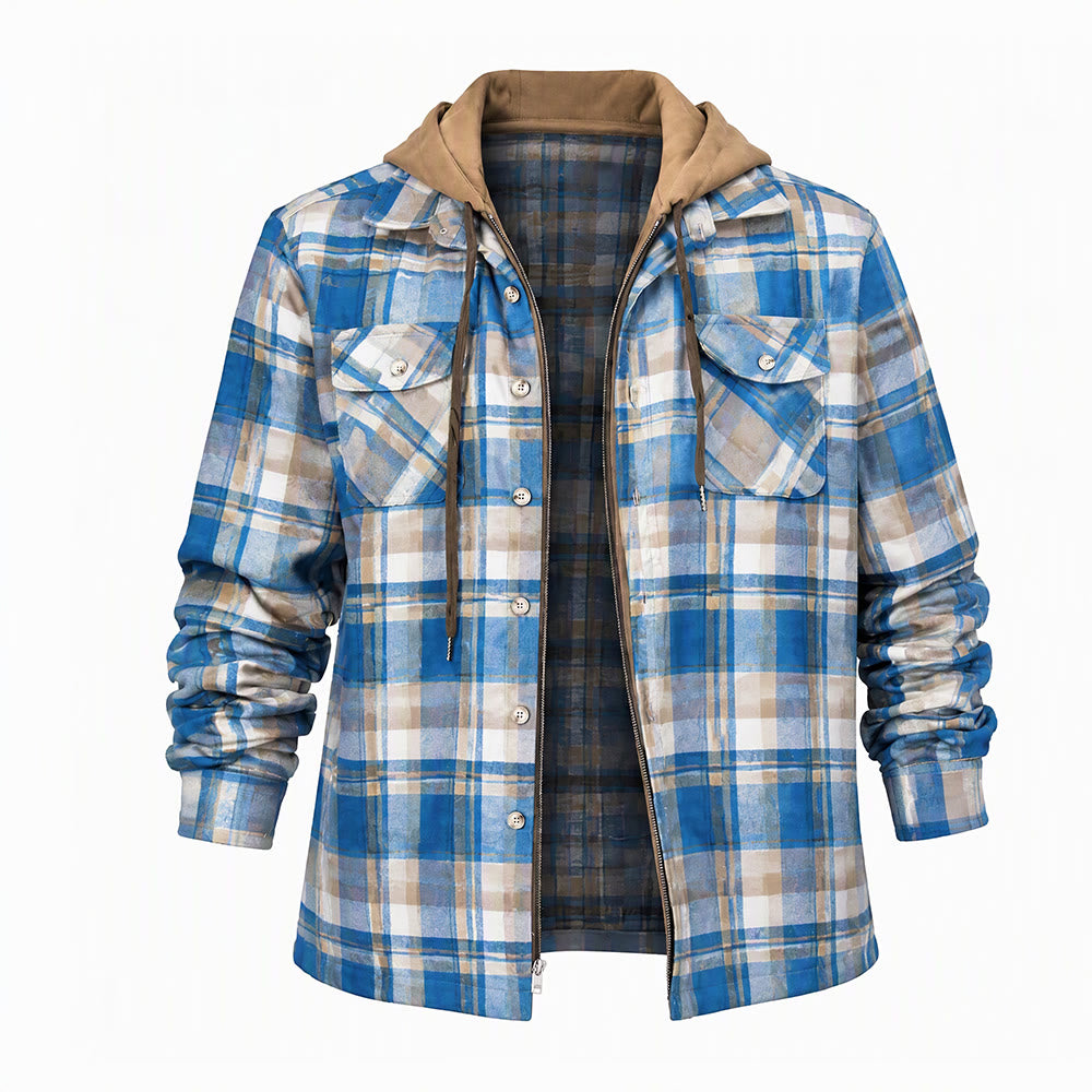 Men's Hooded Plaid Quilted Shirt Jacket - Sky Blue - 4XL - image 12