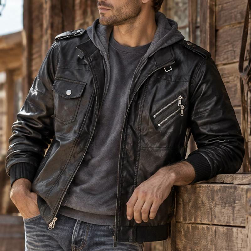 Rugged Hooded Pu Leather Biker Coat For Men - image 0