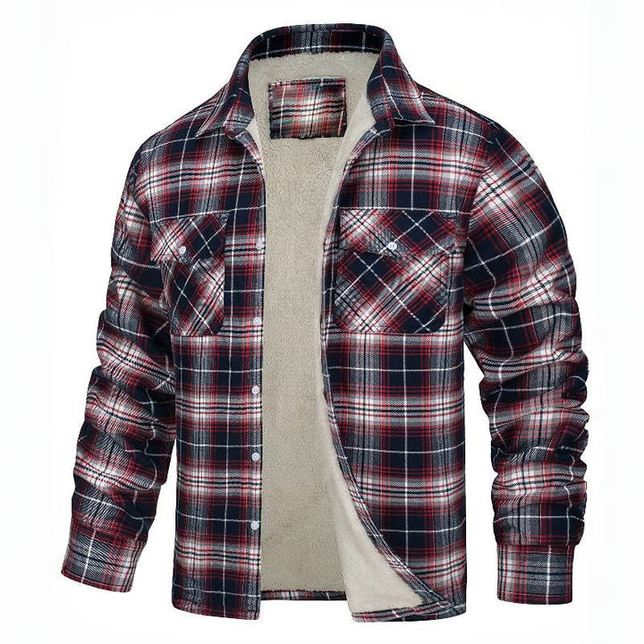 Men's Plaid Fleece-lined Shirt Jacket - Wine - 5XL - image 7