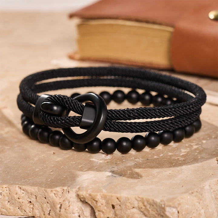 Men's Minimalist Two-Piece Beaded & Cord Bracelet Set - Black - image 2