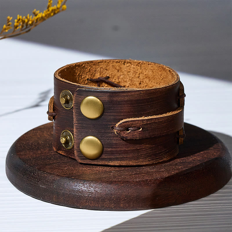 Vintage Distressed Wide Leather Knot Cuff Bracelet - Brown - image 0