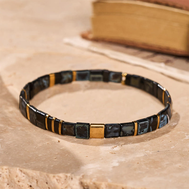 Black & Gold Tila Bead Bracelet Vintage - Black - image 3