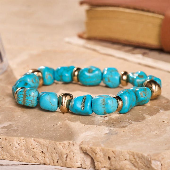 Boho Vintage Turquoise Nugget Gold Bead Bracelet - Blue - image 2