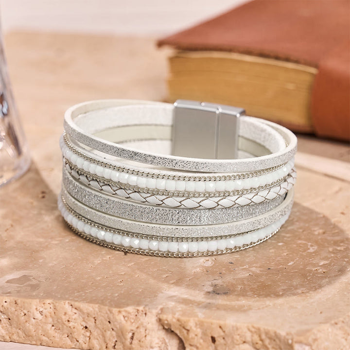 Boho Vintage Multi-Layer Leather Beaded Bracelet - White - image 7