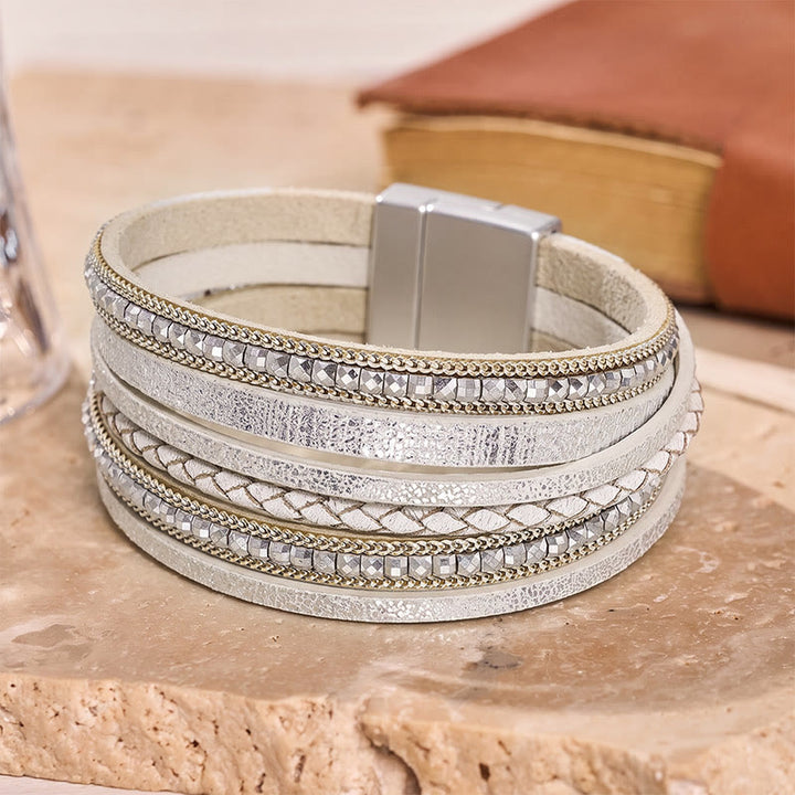 Boho Vintage Multi-Layer Leather Beaded Bracelet - Silver - image 6