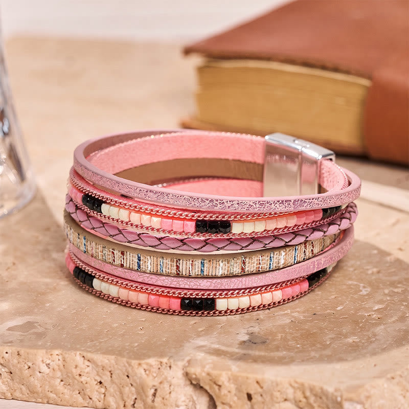 Boho Vintage Multi-Layer Leather Beaded Bracelet - Pink - image 10