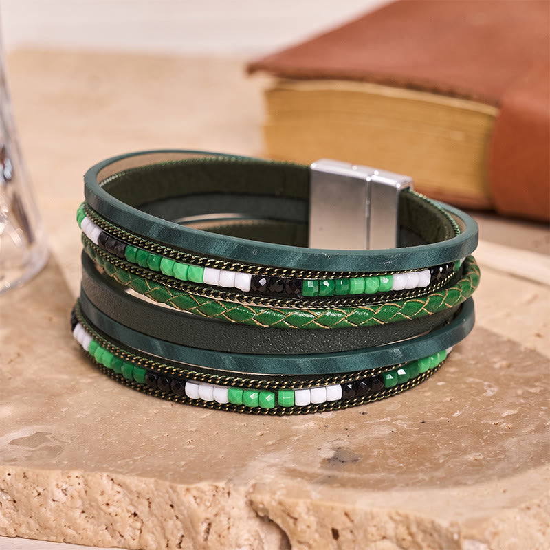 Boho Vintage Multi-Layer Leather Beaded Bracelet - Green - image 12
