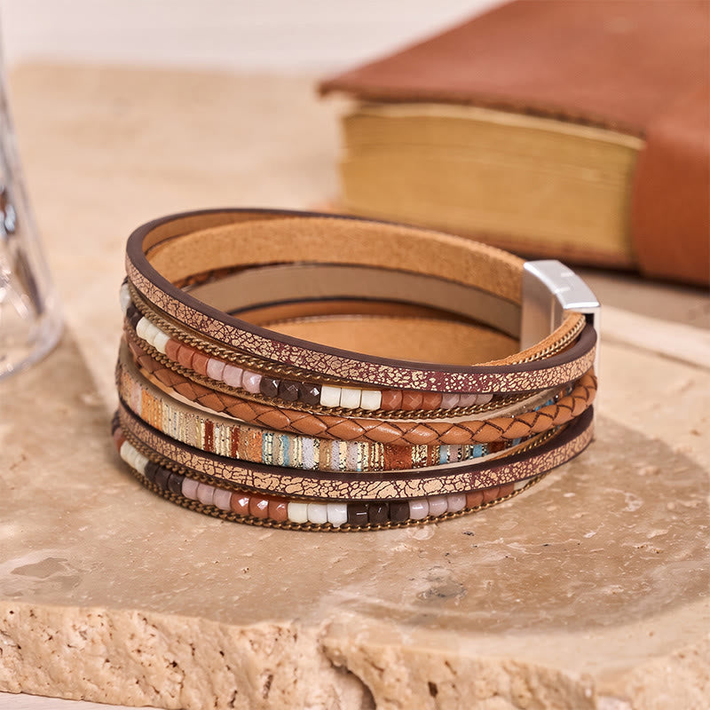Boho Vintage Multi-Layer Leather Beaded Bracelet - Khaki - image 4