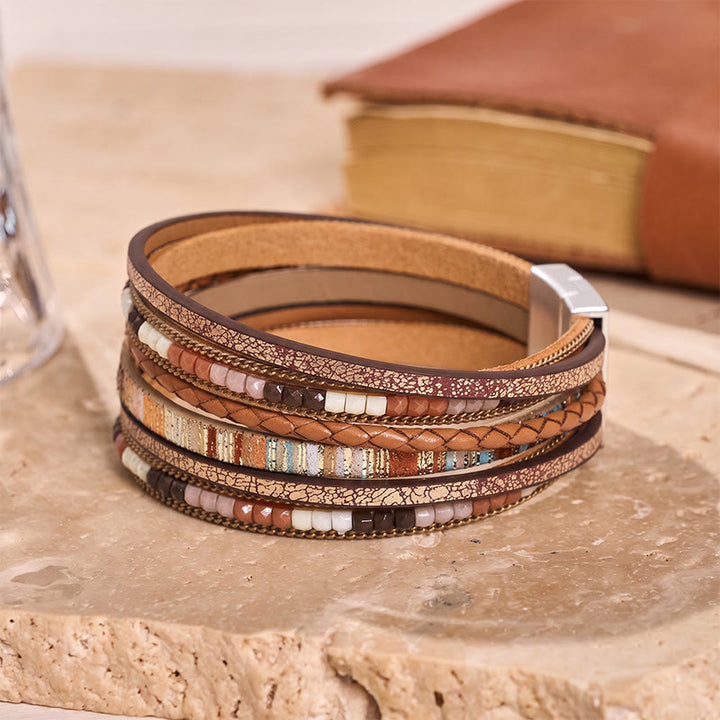 Boho Vintage Multi-Layer Leather Beaded Bracelet - Khaki - image 4