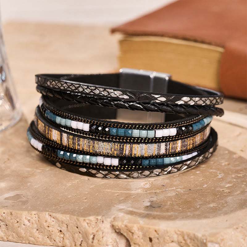 Boho Vintage Multi-Layer Leather Beaded Bracelet - Black - image 2