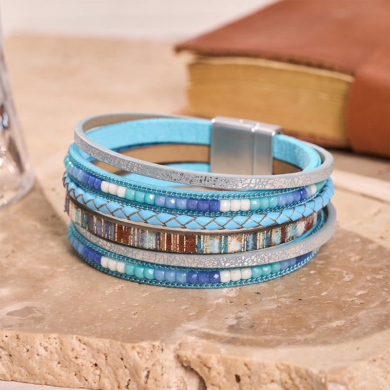 Boho Vintage Multi-Layer Leather Beaded Bracelet - Light Blue - image 5