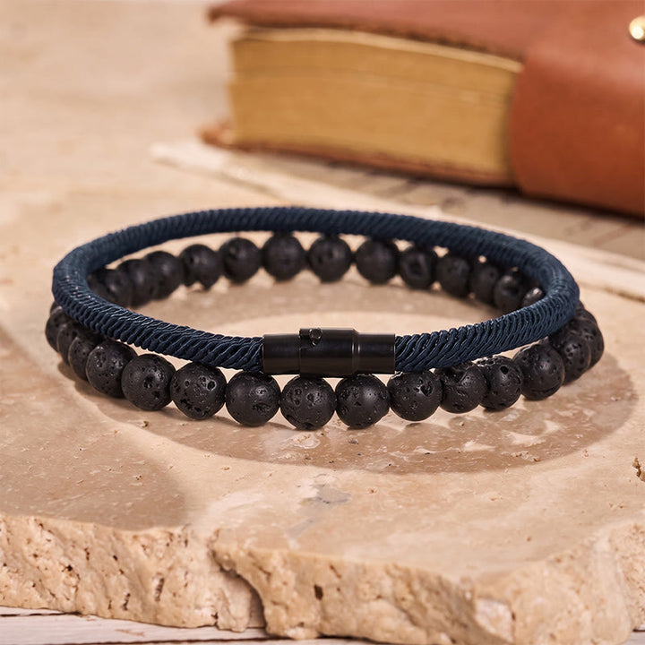 Men's Vintage Two-Piece Leather & Natural Stone Bracelet Set - Navy Blue - image 7
