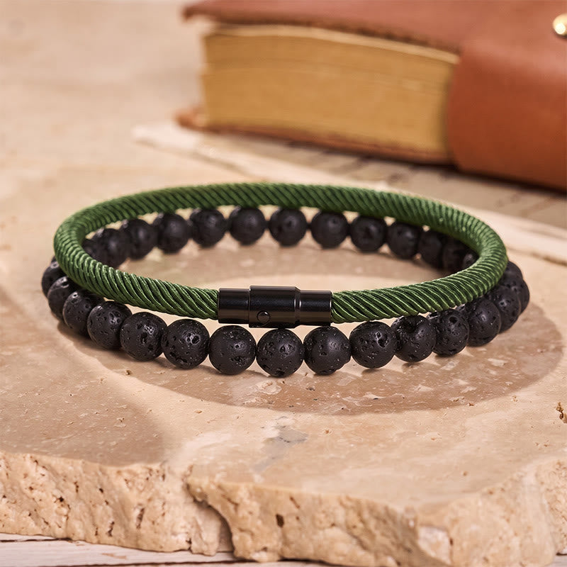 Men's Vintage Two-Piece Leather & Natural Stone Bracelet Set - Army Green - image 10