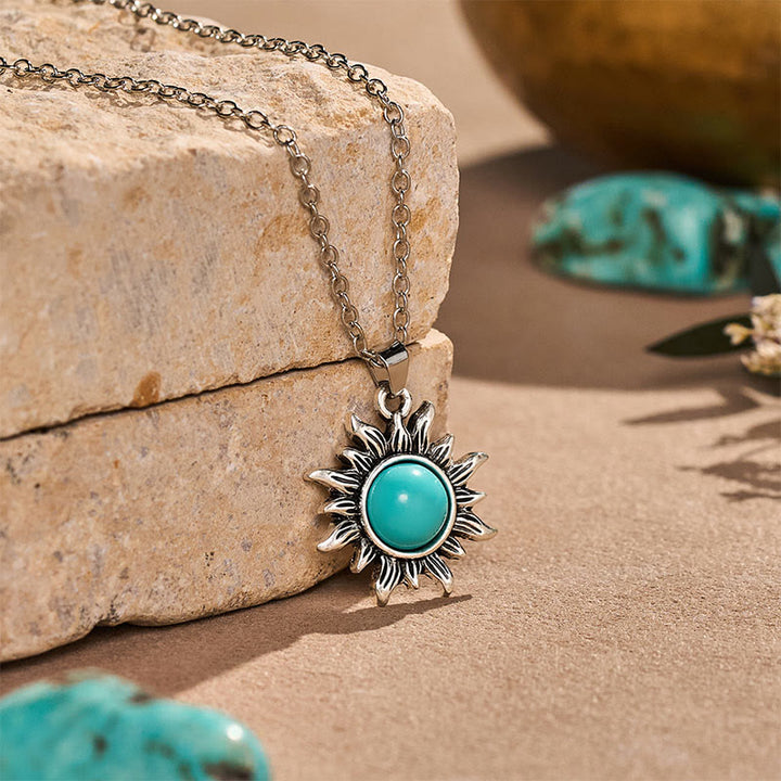 Vintage Silver Sunburst Turquoise Pendant Necklace - image 2